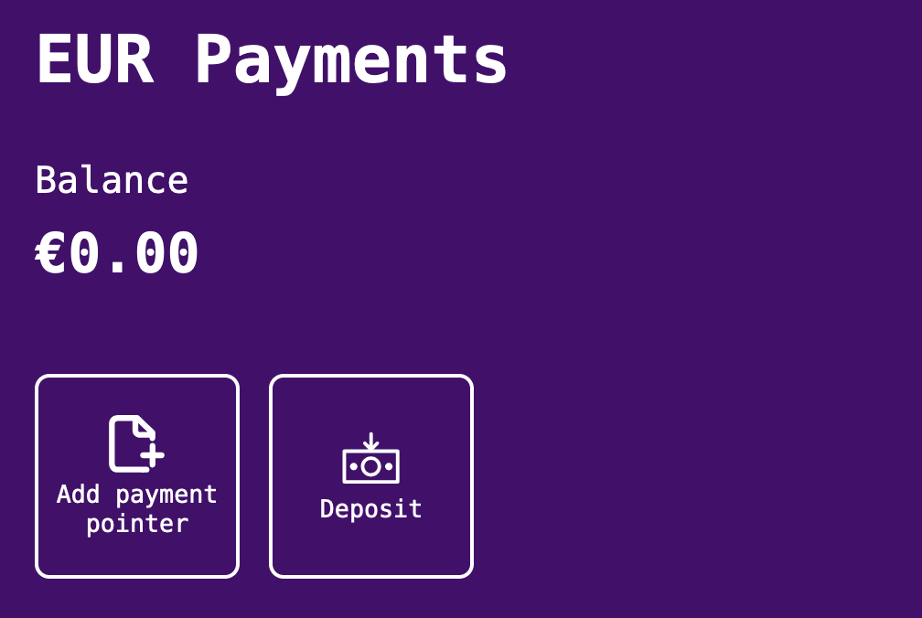 Account options screen showing buttons for deposit and add payment pointer