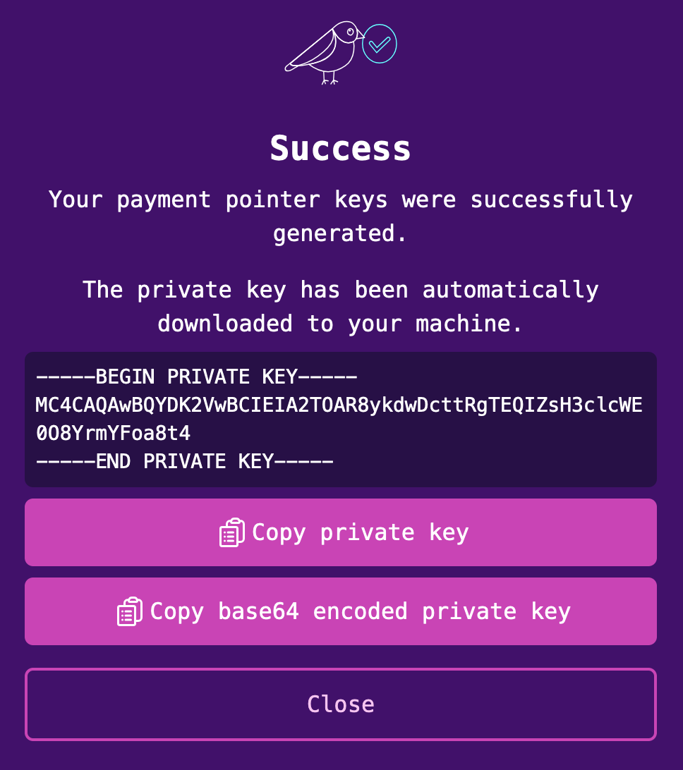 Key pair generation success screen